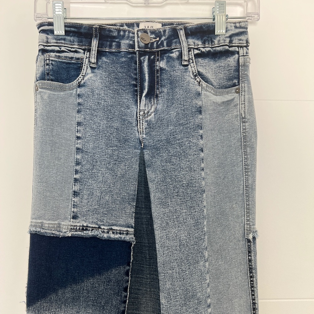 WASHLAB Denim Mix Blue Patchwork Straight Pencil Skirt Work Casual